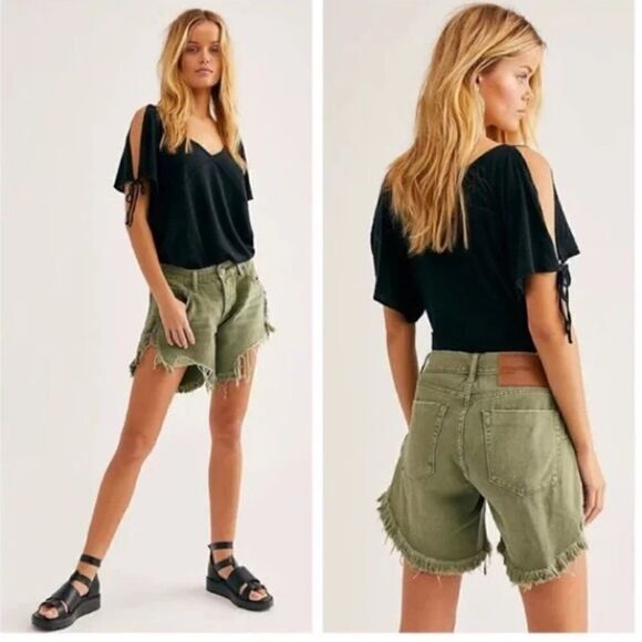One Teaspoon X Free People Frankies Distressed Cutoff Denim Jean Shorts Khaki - Picture 1 of 8